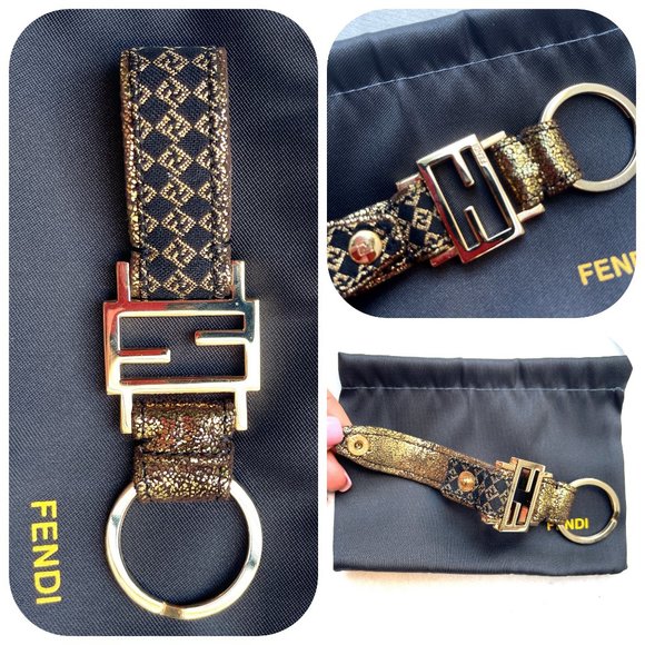 Auth Fendi Gold Metallic ZuccaMonogram key charm